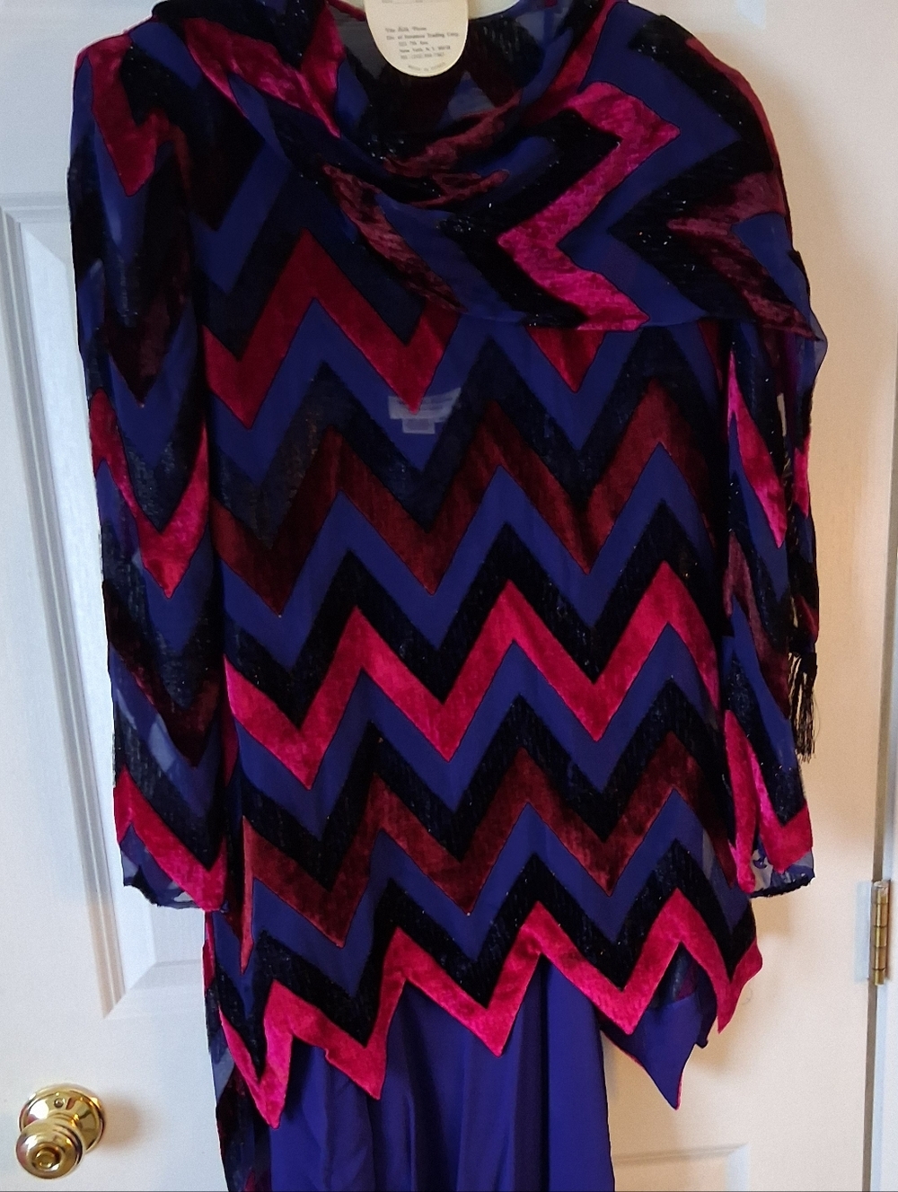 VTG The Silk Farm Chevron Velvet Tunic w/Chemise & Scarf Blue & Fuchsia Size 10